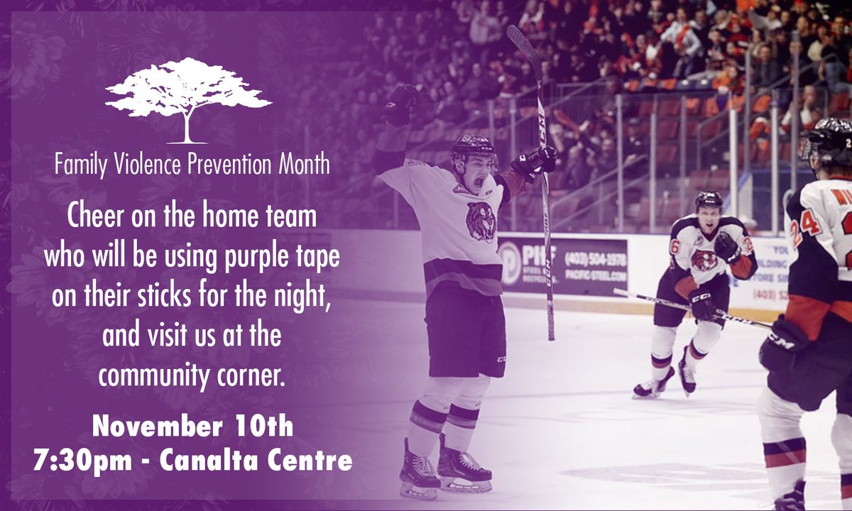 MHWomensShelter's tweet photo. What's orange and black and purple all over? The @tigershockey at Saturday night's home game. A big thank you to the team who will be using purple tape on their sticks for Family Violence Prevention Month! #medhat #FVPMAB #ReachOutSpeakOut #GoPurpleAB https://t.co/WybXZMxkOm