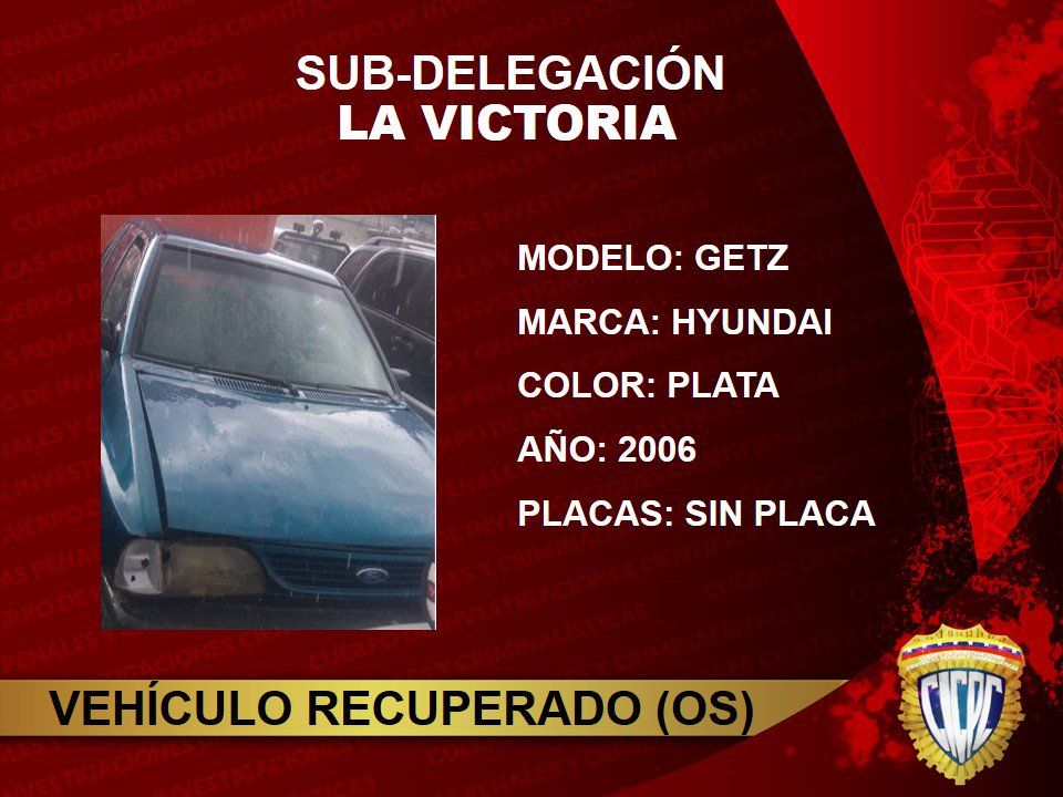 cicpclavictoria's tweet photo. Luego de Operativo de Seguridad realizado por Detectives del #CICPC S/D La Victoria, se logro la recuperación de un vehículo Solicitado por el delito de Robo de Vehículo @DouglasRicoVzla @PRENSACICPC @CICPCPREVENCION @CICPC378 @Cicpc064 @perdomoer12 @RamonSe82493799 https://t.co/mnmnwecr92