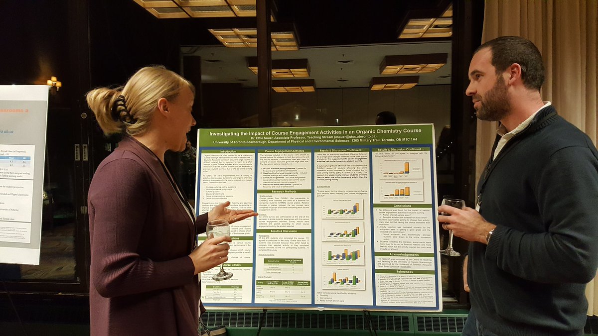 cora_mccloy's tweet image. @UTSC Chem Prof Effie Sauer  sharing her poster on the impact of course engagement strategies at #ssotl18. #studentlearning #teaching