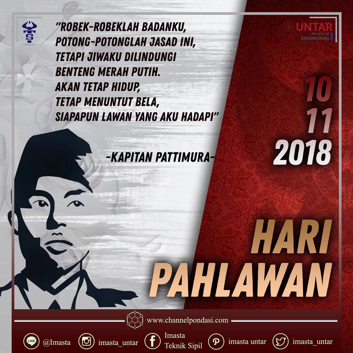 [HARI PAHLAWAN]

Kami segenap Ikatan Mahasiswa Sipil Tarumanagara mengucapkan Selamat Hari Pahlawan Nasional.

" Bangsa yang besar adalah bangsa yg mengenang para pahlawannya"

-IMASTA-