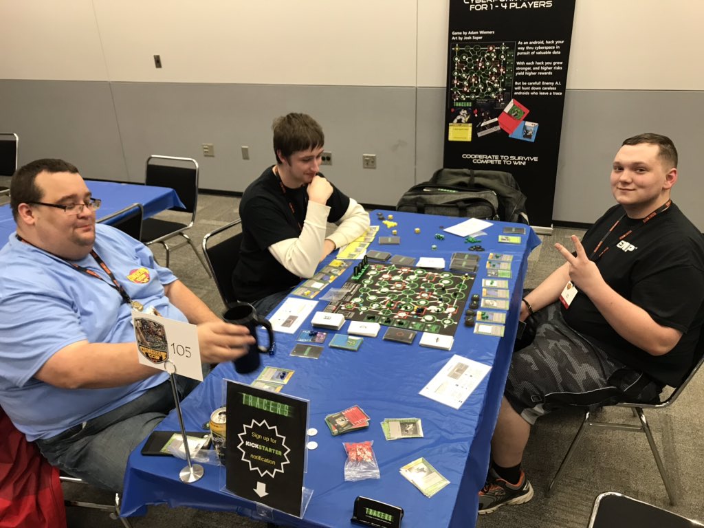 TracersGame's tweet photo. First night at @GameholeCon is in the books.  These guys had great chemistry and made a great team.  I also received high praise for Tracers from them!  #boardgame #convention https://t.co/PLhAC0wn23