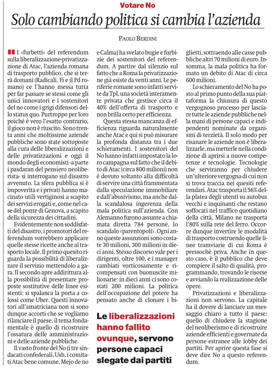 francofontana43's tweet photo. Roma. Domani referendum Atac.
Sarà valido se andranno a votare almeno il 33% degli aventi diritto.
Paolo Berdini ci spiega perché, nonostante l’inefficienza dell’Atac, bisogna andare a votare e votare No.
da @ilmanifesto https://t.co/paxJHxtgIZ