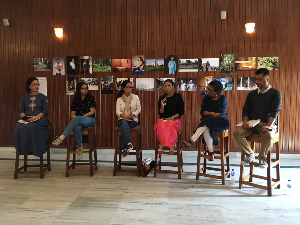 It’s day two of our #CulturesofPeace festival here in #Dimapur, and we’re kicking it off with a roundtable (albeit on high chairs) of #womeneditors:  Kalpana Sharma, Parismita Singh, Tongam Rina, Japleen Pasricha and Lanusangla Tzudir (R to L). 💪🏽💪🏽💪🏽