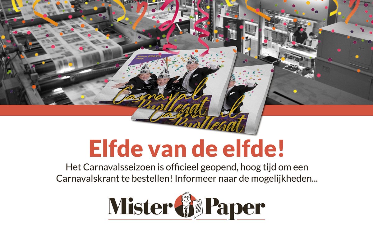 🔓 Het Carnavalsseizoen is officieel geopend, tijd voor een krant voor jouw vereniging!
 
🛒 Rekenvoorbeeld
» 2.000 Tabloid-kranten
» Voor maar €499,-!
» Ook vormgeven? Dat kan voor €720,- extra (8 pagina’s)
 
Zijn er Carnavalisten in de zaal? ✋
 
🔗 misterpaper.nl