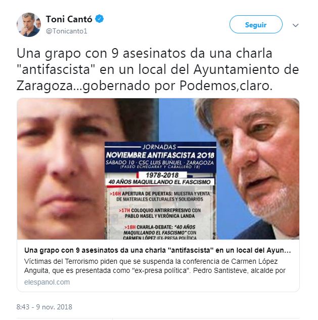 CapitanApio's tweet photo. Hola @Tonicanto1: 
Un GRAPO, fundador de una banda terrorista responsable en total de 84 muertes y tres secuestros, es amiguete y le hace el prologo de su libro a su compañero de partido Juan Carlos Girauta, de Ciudadanos, claro. https://t.co/T1AVAYKWxo