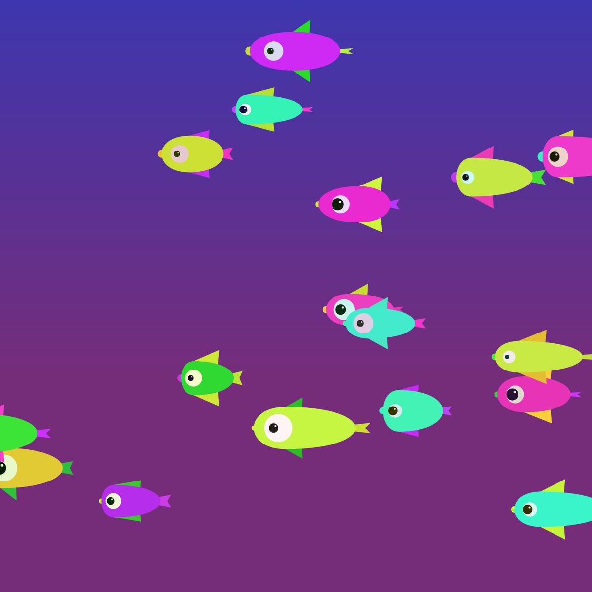 A sea of cartoonish computer-generated fish