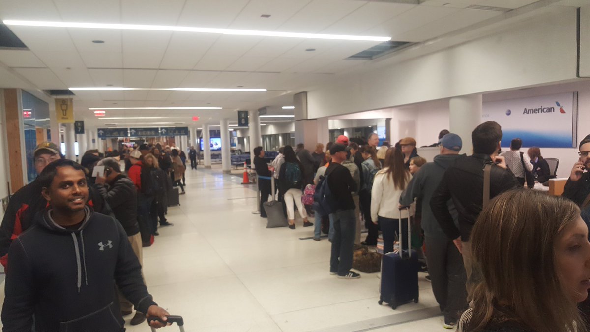 Mariojonn's tweet photo. TERRIBLE experience with #AmericanAirlines @AmericanAir Delayed by their own caused technical issue, add' 3 hours stuck on the plane, missing EVERYONE'S connection, and then waited in line for 2 additional hours to be rudely talked down to by some staff 2am https://t.co/4f011h6w0g