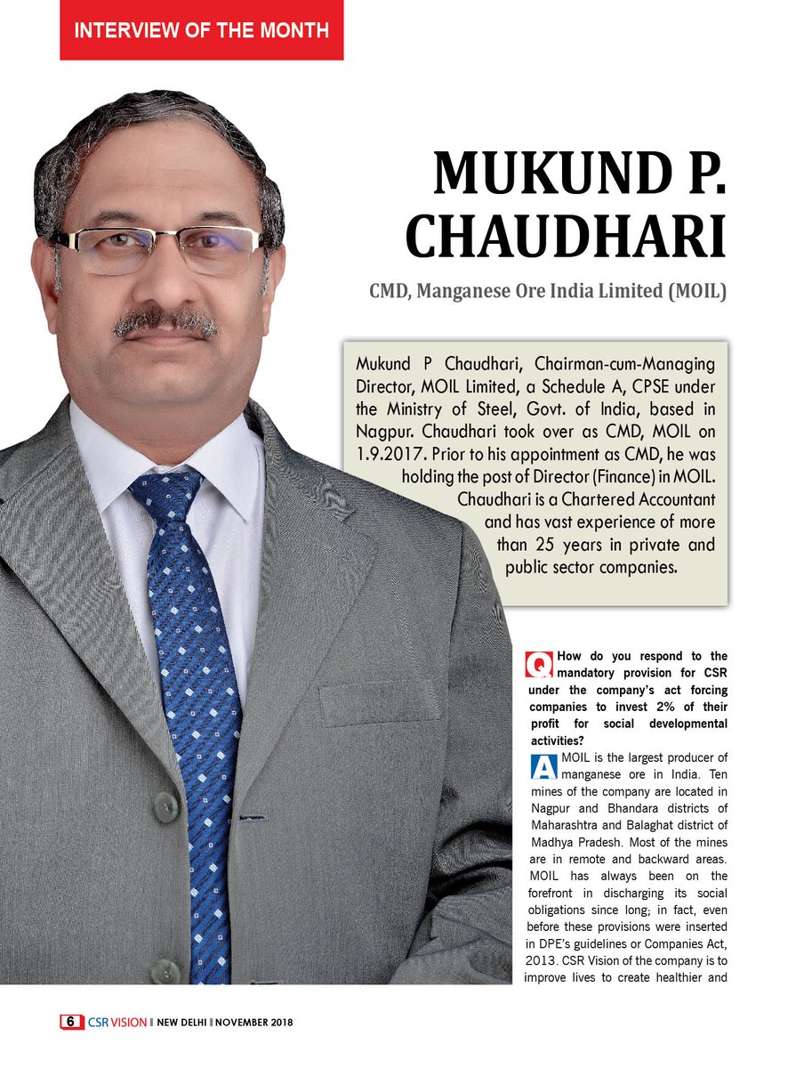 CsrvisionInfo's tweet photo. Interview with Mkund P. Chaudhari, Chairman-cum-Managing Director, Manganese Ore India Limited (MOIL) CMD, Interview of the month. https://t.co/tA2vDfXKLT