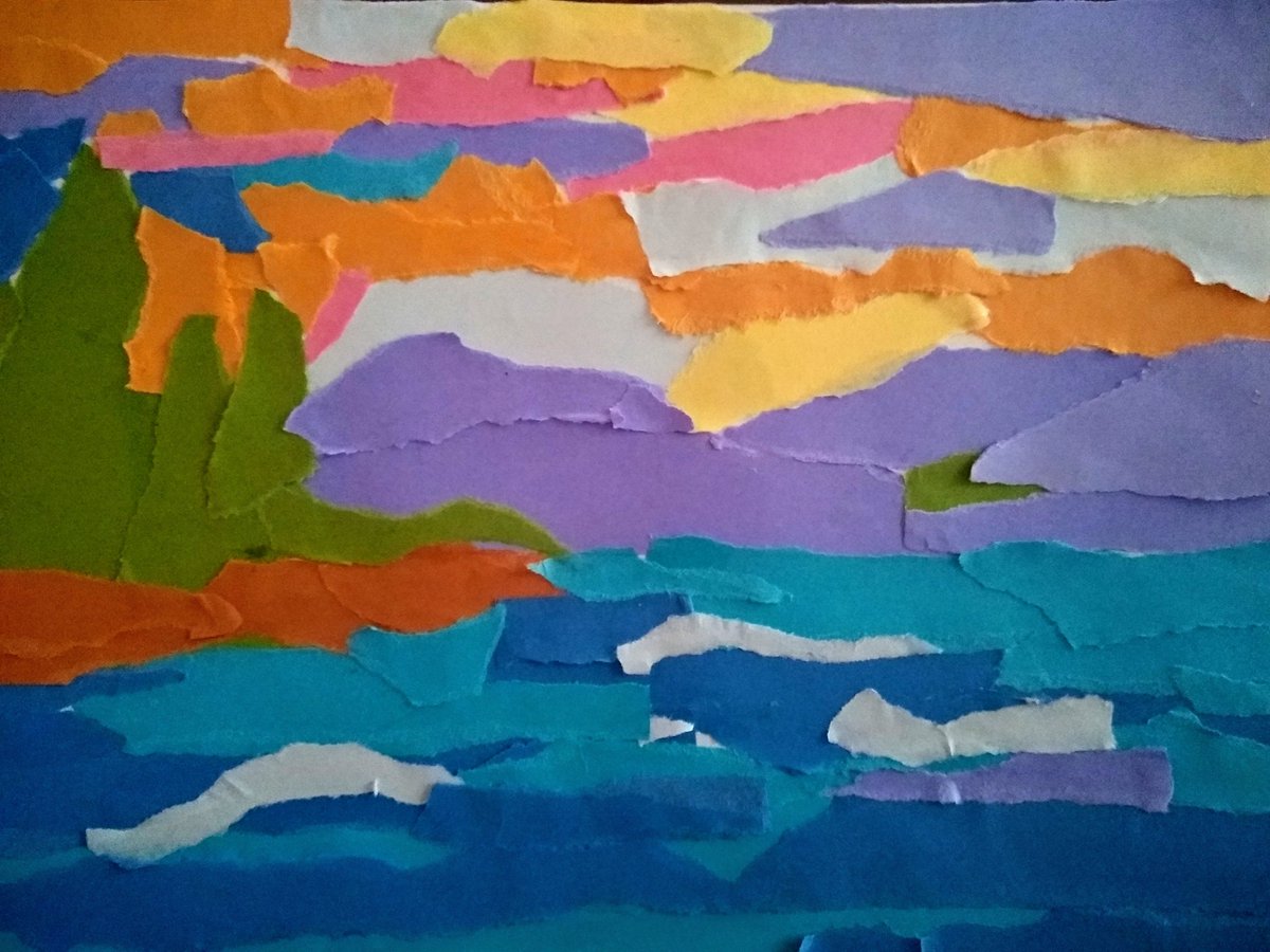 #TornPaperCollage #Landscape The idea was  to work with the kid, but he didn't seem very interested ...so,I worked on it. This was a bit complicated even for the kid. My plan was to do a simpler landscape ..