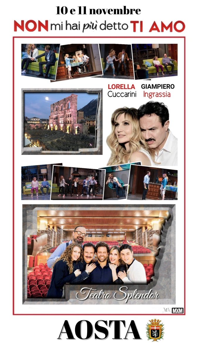 markoverona's tweet photo. Weekend valdostano per De Angelis e Morosini !
Stasera e domani
@LCuccarini @Ingrassia_G
saranno ad #Aosta al #teatrosplendor
#nonmihaipiudettotiamo
Non restiamo fuori al freddo entriamo a Teatro a scaldare pelle e cuore❤ https://t.co/A4J4k2jris