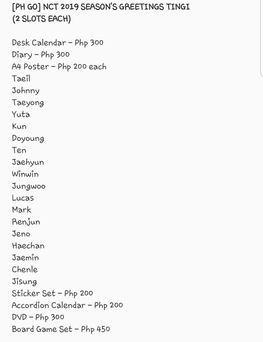 lunastarmerch's tweet photo. [PH GO] NCT 2019 SEASON'S GREETINGS TINGI

See attached photo for prices 

📌 ETA to PH: 1-2 weeks after departure from Korea
📌DOO: November 20, 2018
📌DOP: November 25, 2018 

https://t.co/Sek5jgnaF6

#NCT #NCT127 #NCTU #NCTDREAM #LSMGO https://t.co/KG362IznyH