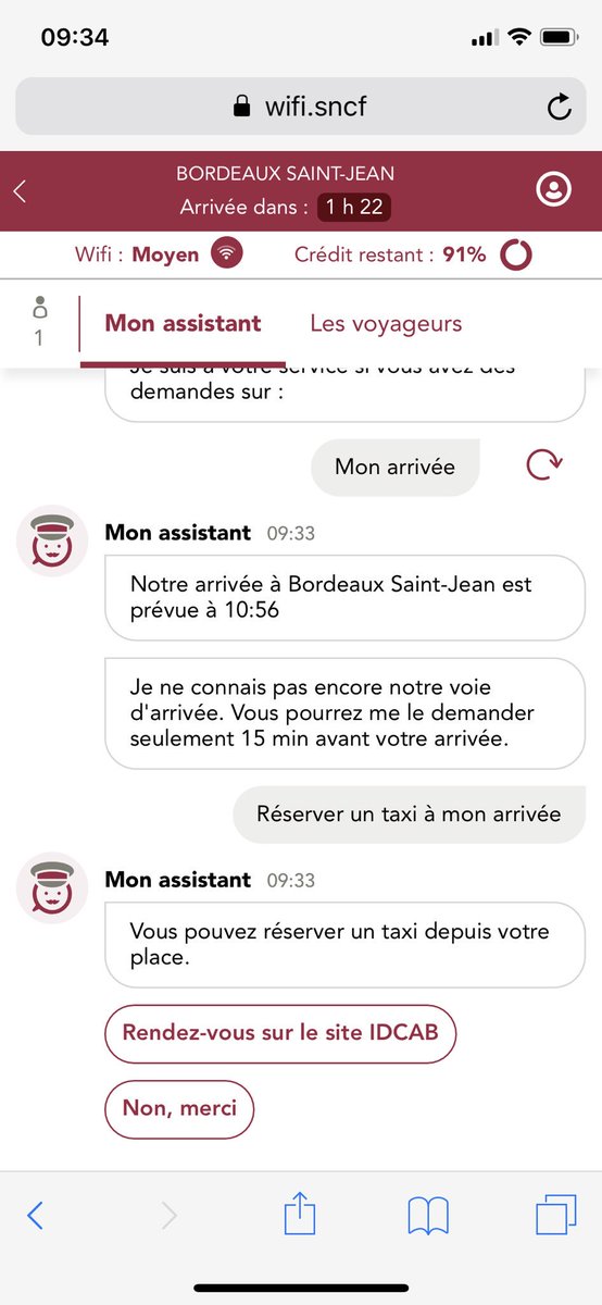 Bertrand_Lamour's tweet photo. Le bot Mon assistant sur le portail wifi très pratique pour commander un #IDCAB à l’arrivée @TGVINOUI @DamienWattez https://t.co/uV8eH74uRi
