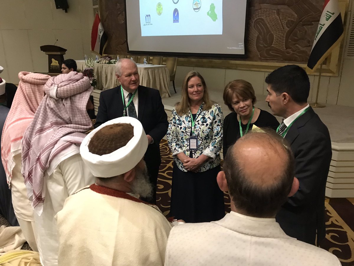 AMARLondon's tweet photo. Senior members of the @LDSchurch @MormonNewsroom including  Elder Tony Perkins,  Sister Christine Perkins, Boyce Fitzgerald and President of @ldscharities, Sister Sharon Eubank, welcome #Yazidi Spiritual Council members @CRD2018 in #Baghdad today https://t.co/bIKvEELSbu