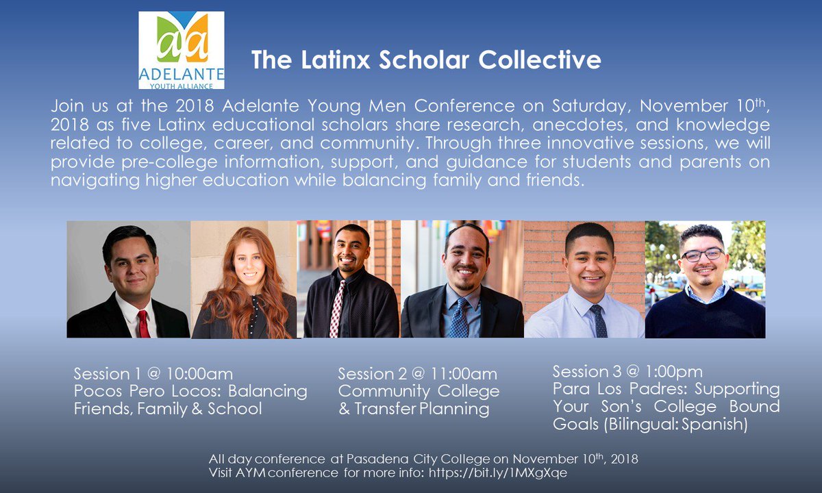 AYMConference's tweet photo. A Latinx Scholar Collective 
Preparing for College Workshops and a session for parents! Check them out 
#AYM2018 
@AdrianTrinid https://t.co/yUvE86f15f