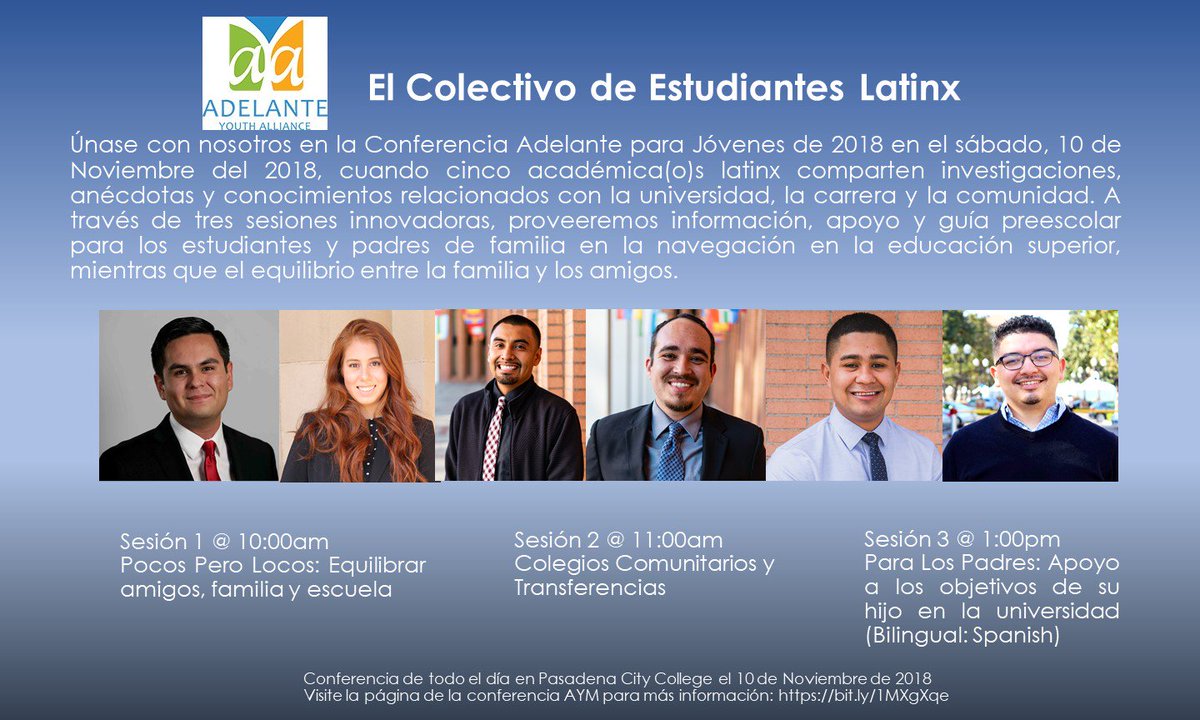 AYMConference's tweet photo. A Latinx Scholar Collective 
Preparing for College Workshops and a session for parents! Check them out 
#AYM2018 
@AdrianTrinid https://t.co/yUvE86f15f