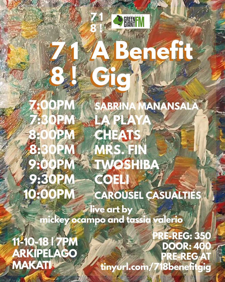 GM_Collective's tweet photo. Catch our homegrown artists @pagSABihan, La Playa, @MrsFinMusic and Twoshiba tonight at Arkipelago Makati for 718!: A Benefit Gig! 💚🎶 https://t.co/xEWFmPpaoB