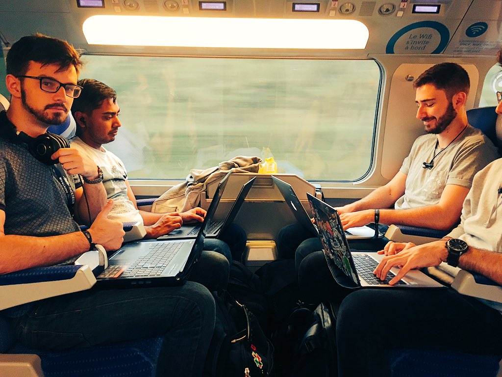 hackpartners's tweet image. The #EUtrain was too busy to tweet last night! V early start and speeding all the way to @DB_Bahn SkyDeck in #Frankfurt for a full afternoon of hacking. Teams already well into it on the train! #HackTrain5