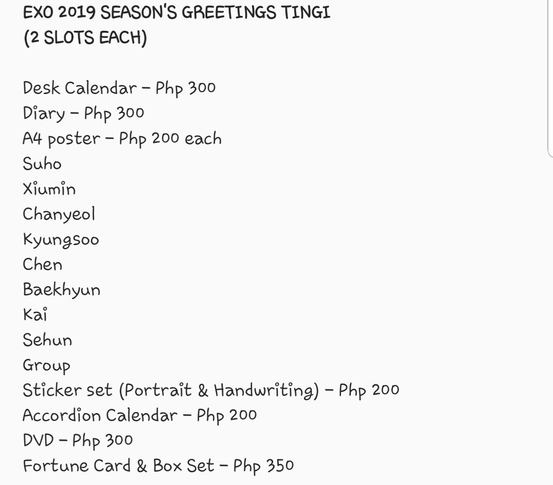 lunastarmerch's tweet photo. [PH GO] EXO 2019 SEASON'S GREETINGS TINGI

See attached photo for prices 

📌 ETA to PH: 1-2 weeks after departure from Korea
📌DOO: November 20, 2018
📌DOP: November 25, 2018 

https://t.co/D6yJj7v7AS

#EXO #LSMGO https://t.co/2zPPrt4HUO