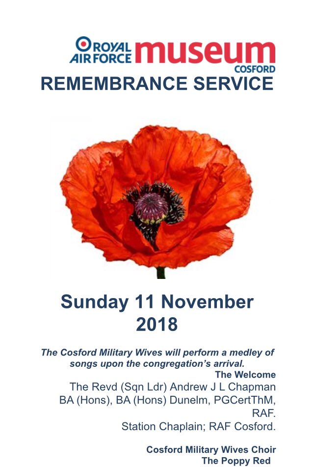 RAFMUSEUM's tweet photo. RT @mwccosford: Join us tomorrow morning at @RAFMuseum Cosford for what promises to be a very moving Remembrance Service. Help us to celebrate 100 years since the end of WW1 and to remember the fallen of all conflicts around the world @MWChoirs https://t.co/jSoATBOEol