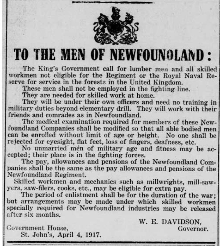 rpfnl's tweet photo. On April 4, 1917, a call went out for lumber men &amp; skilled workmen for service in the forests in the UK. Ultimately, 498 men answered that call. The Newfoundland Forestry Corp was a non-combatant unit that supported the war effort of #WWI. #LestWeForget https://t.co/qDVwZBC0MA https://t.co/AgKo80hn14