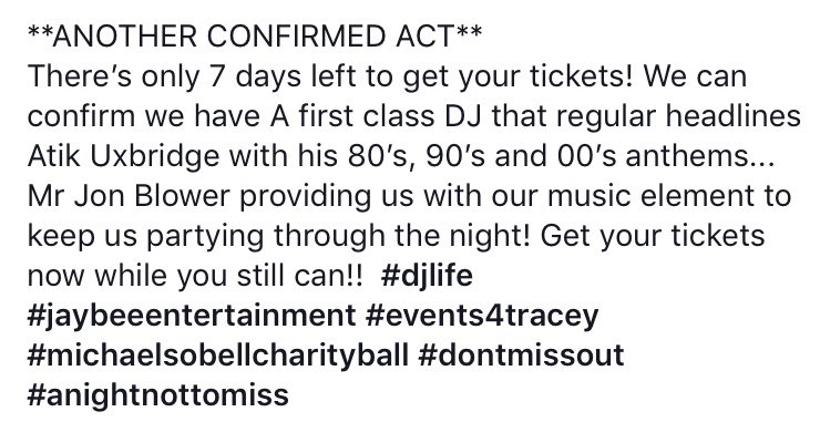 Events4tracey's tweet photo. **ANOTHER CONFIRMED ACT**
There’s only 7 days left to get your tickets! @jonblower  #djlife #jaybeeentertainment #events4tracey #michaelsobellcharityball #dontmissout #anightnottomiss https://t.co/xEnsjJFBEV