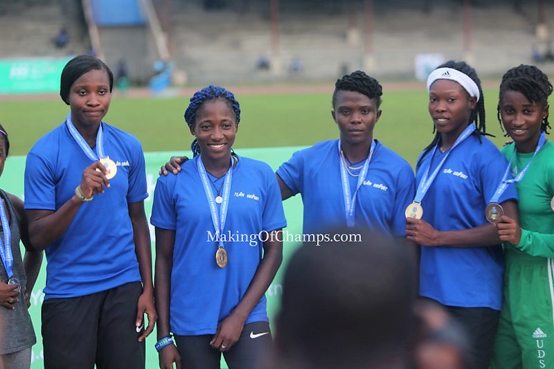 MakingOfChamps's tweet photo. Here's #TeamUniport quartet who won GOLD in the women's 4x100m relay, beating #TeamUnilag who got the Silver medal and #TeamUDS, Ghana settling for the Bronze medal #WAUGUNIPORT201 https://t.co/Qt1JqBZZXj