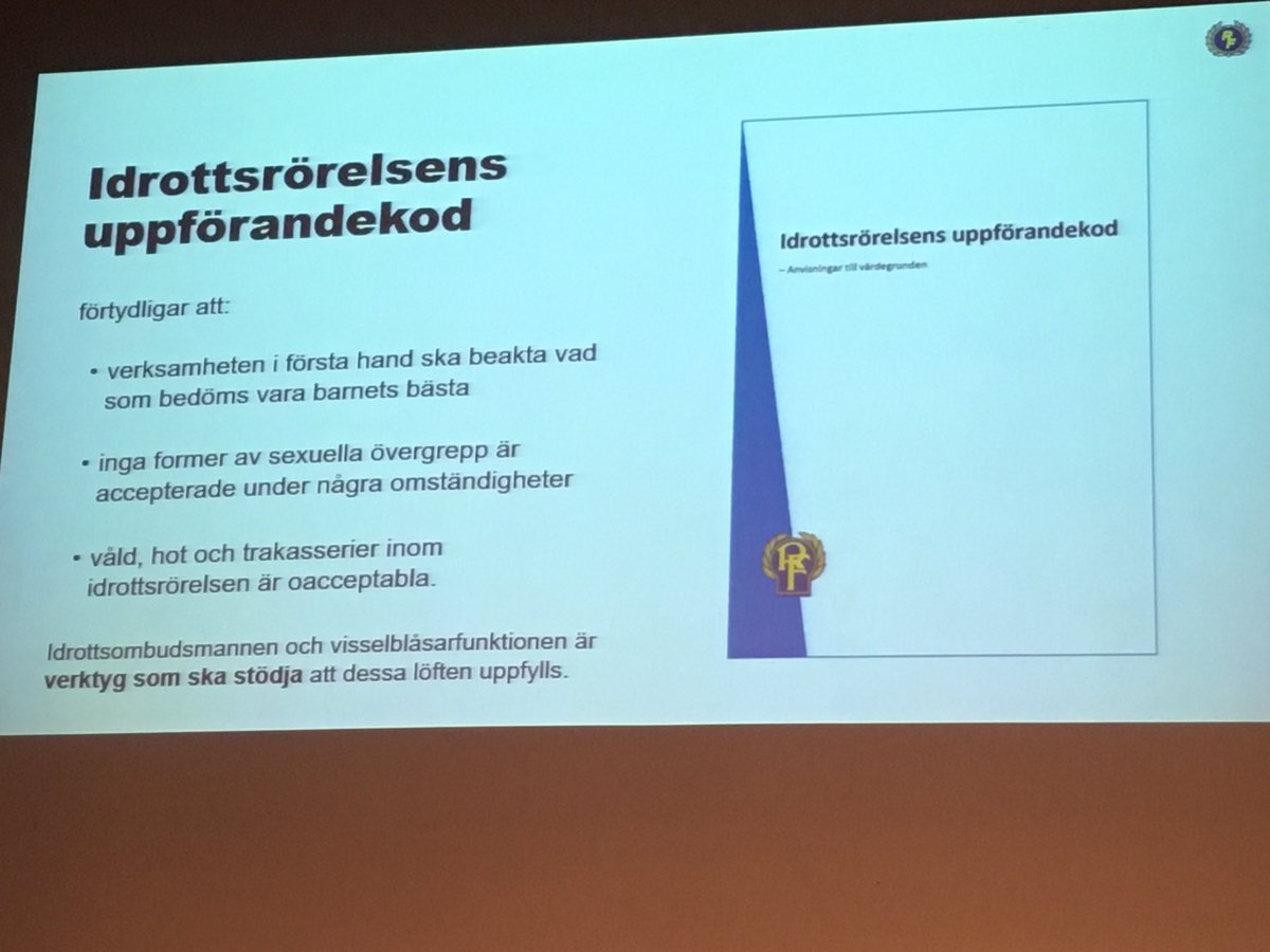 ToralfN's tweet image. Stefan Bessman ⁦redogör på #RIF18 för hur ⁦@RFidrotten⁩ tagit sig an besluten utifrån motionerna från ⁦@SvenskFriidrott⁩ till #RIM17 kring införande av etisk kod och visselblåsarfunktion. Glädjande att det nu blir verklighet. #goodgovernance