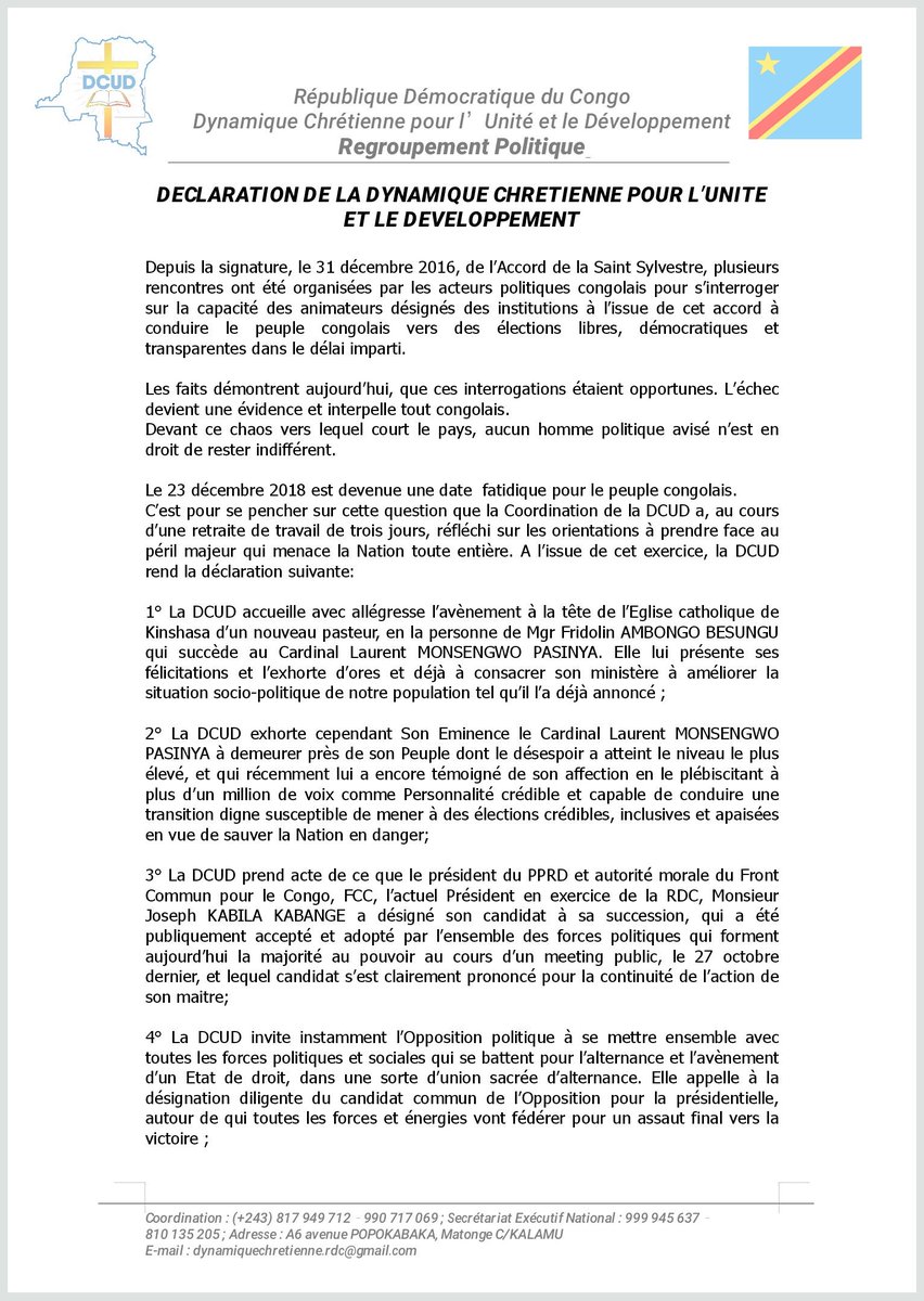 DCUD_RDC's tweet photo. #RDC 
DÉCLARATION DE LA DYNAMIQUE CHRÉTIENNE POUR L'UNITÉ ET LE DÉVELOPPEMENT https://t.co/Z6vA7yqTnc