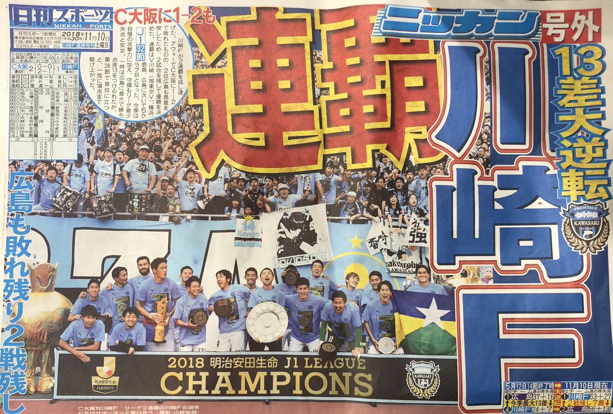 Mueller_Japan's tweet photo. ミューラージャパンがサポートする川崎フロンターレがJ1連覇を果たしました！

J1史上5クラブ目という連覇を成し遂げた、川崎フロンターレの選手チーム関係者の皆さま、そしてサポーターの皆さま、本当におめでとうございます！！

号外が配られてましたよ！

#川崎フロンターレ
#J1連覇
#mueller https://t.co/GouVv3S36f