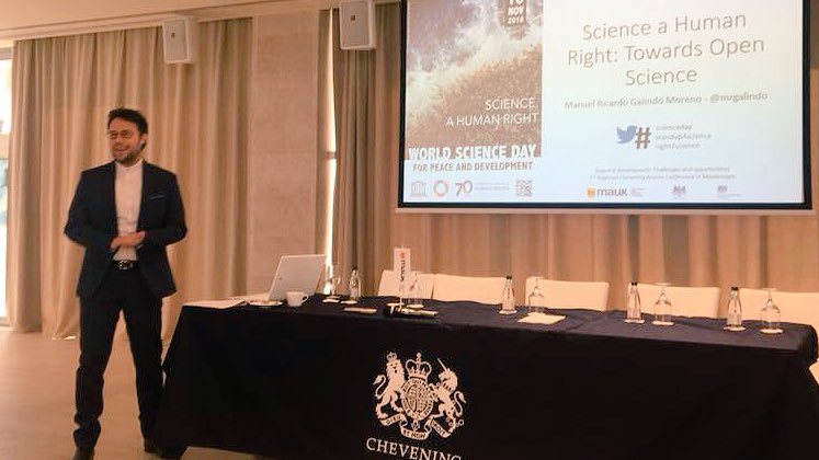 nvoMAUK's tweet photo. Chevening alumnus from @UKinColombia, Manuel Ricardo Galindo Moreno, talks about the importance of #science as a human right, on the occasion of #WorldScienceDay. Very inspiring talks of the @cheveningfco scholars at the regional conference in #Montenegro https://t.co/shlYf2CPpm