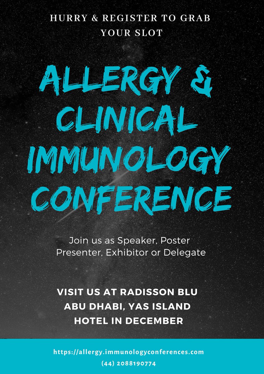 Allergy2018's tweet photo. Excited to join the mega #healthcare #event at #AbuDhabi this December? Book your slot at: https://t.co/at9Bvbi3PP
#allergies #immunology #cancer #infection #inflammation #foodallergy #medical #drug #cytokines #antibody #immunity #allergen #lupus #AIDS #allergist #immunotherapy https://t.co/H1tnFzbaNI