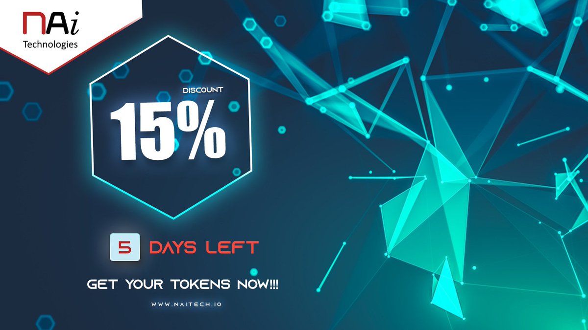 NAiTechOfficial's tweet photo. 15% discount on #NAi.
Get your #tokens now!
https://t.co/9n1LZZTTEN
#NAiTech #ITO #InitialTokenOffering #TokenSale https://t.co/xlmmKGZTQ3