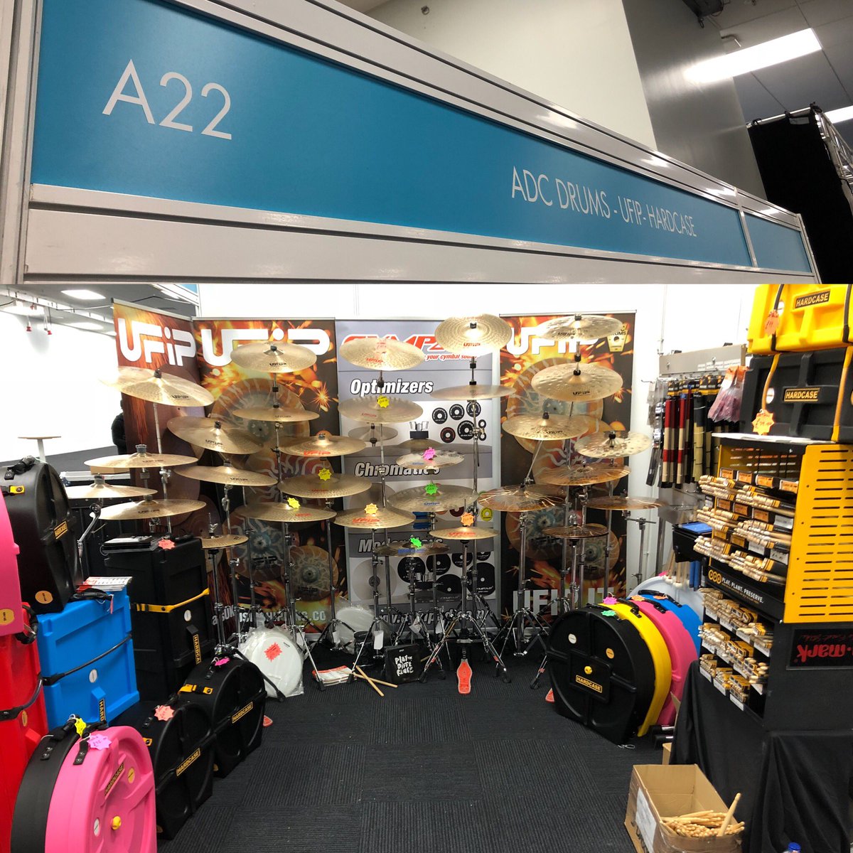 adcdrums's tweet photo. THE SCOUSERS HAVE ARRIVED AT LONDON DRUM SHOW!

We’ve got great deals on @UFIPCYMBALS, @hardcase_drums &amp; @promarksticks at stand A22! 

We’re right by the coffee shop! Grab a brew and come say hi! #lds18 #londondrumshow #drums https://t.co/Cj94yNonhX