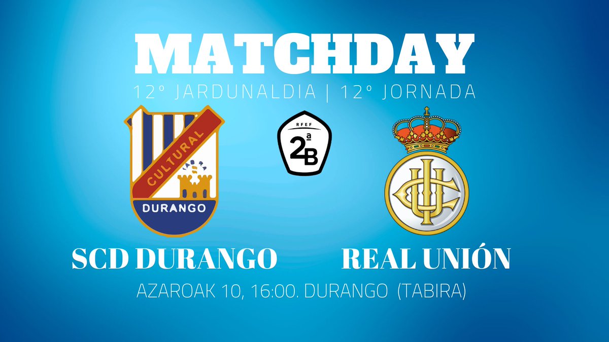 SCDDurango's tweet photo. Hoy es #DiaDeLaCultu 🙌🏽💙⚪️

🏆 SEGUNDA DIVISION B
🗓 JORNADA 12
⚽️ Cultural de Durango  - @REALUNIONCIRUN 
⏰ 16:00
🏟  Tabira
📺 ETB 1 (@eitbkirolak)
📲 #CulturalRealUnion

#DenokTabirara #AupaCultu 🔵⚪️🔵 https://t.co/Hlqk0dqVC9