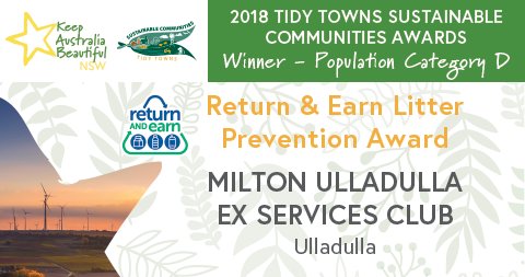 Return and Earn Litter Prevention Award sponsored by Return and Earn @NSWGovCDS and presented by Peter Bruce, Population Category D Winner is Milton Ulladulla Ex Services Club, Ulladulla @MUTimes  @SCRegister @949powerfm #TidyTowns