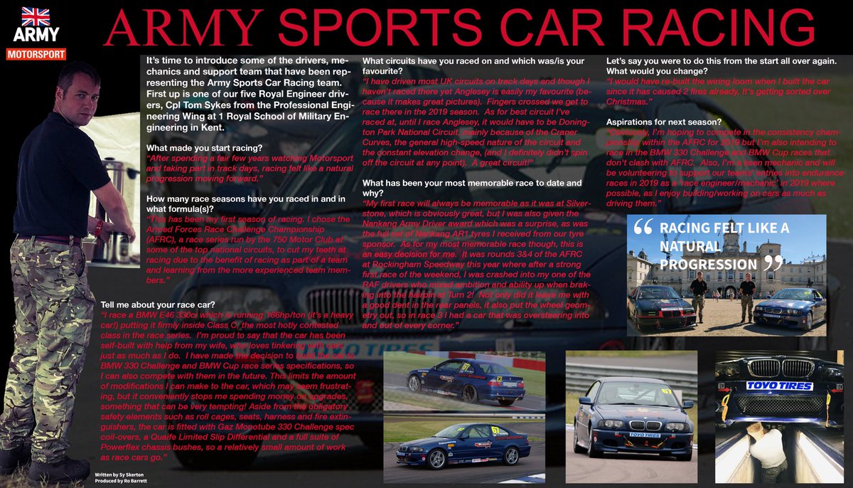 ArmySportsCar's tweet photo. Let’s meet the team! First up is one of our five Royal Engineer drivers, Cpl Tom Sykes from 1 RSME. #Motorsport #TeamArmy #ASCR #Royalengineers #sappers #Army #Bama #afrc #cars #bmw #bmw330 #bmwcup #750mc #bethebest #armysportscarracing #racing #britisharmy https://t.co/3ZYdh8z19b