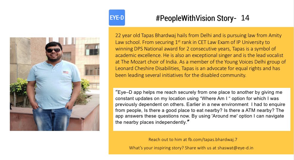 HelloEyeD's tweet photo. Meet @tapas_bhardwaj, the young and dynamic activist, leading vocalist and student of law who is advocating equal rights for people with disabilities.
Read about him in our #PeopleWithVision stories.
#EmpoweringWithTechnology https://t.co/3esgbMoU7w