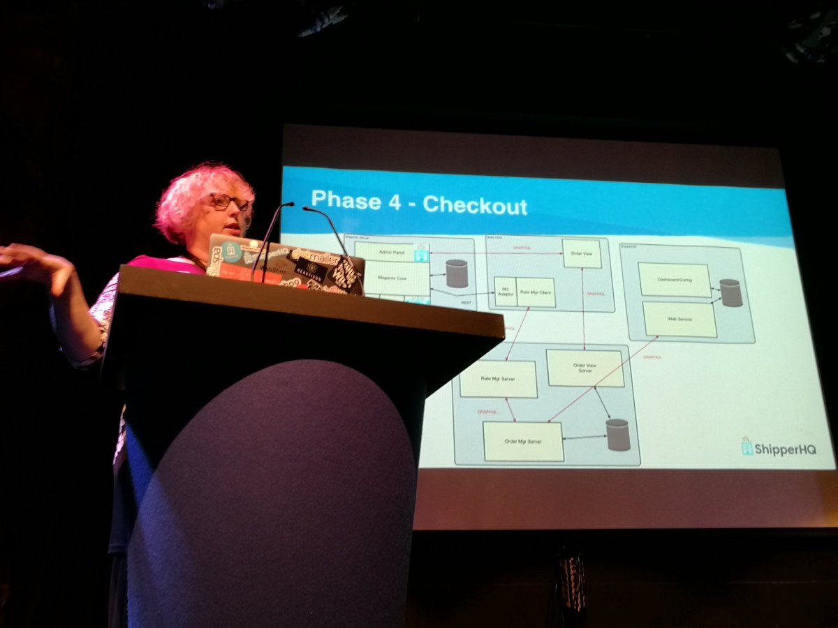 mzeis's tweet photo. .@wsakaren (not) talking about GraphQL, well kind of. I enjoy the mix of background stories for decisions and technical info (plus Karen being Karen) a lot! #magetitansMCR https://t.co/Rojtz693pn