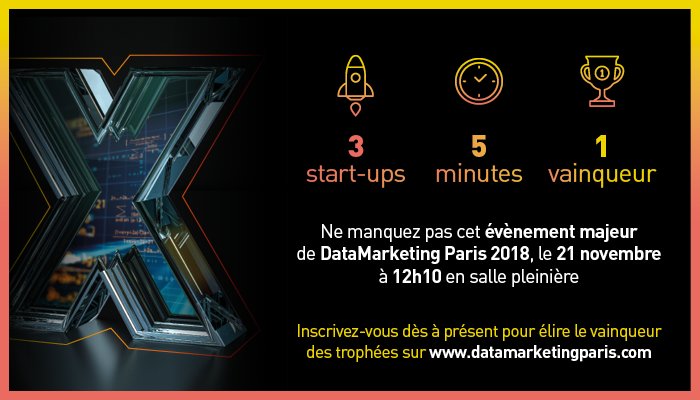 DataMarketParis's tweet photo. [#CHALLENGESTARTUP sur #DATAMARKETINGPARIS] Le 21 novembre, votez pour @AfterDataFrance @realeyesit ou @MyDataisRich !
Venez écouter leurs discours et élire votre coup de cœur ! https://t.co/wvJ9HImYIw
CC @AnthonyRochand @MathieuFlex @JeromeMONANGE @LouisSerge @ygourven https://t.co/IBcHj5ureq