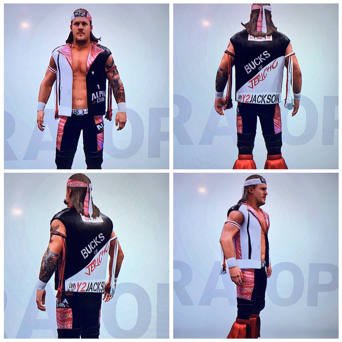 HighCCreationS's tweet photo. The GOAT himself @IAmJericho and the Young Bucks @MattJackson13 & @NickJacksonYB the #AlphaClub or is it #Y2JACKSON attires are now up for download on #WWE2K19 PSN cc. Use the search tag “HIGHC”. Copy the attires from Matt & Nick to @Defract caws. https://t.co/J40fmNKx4K