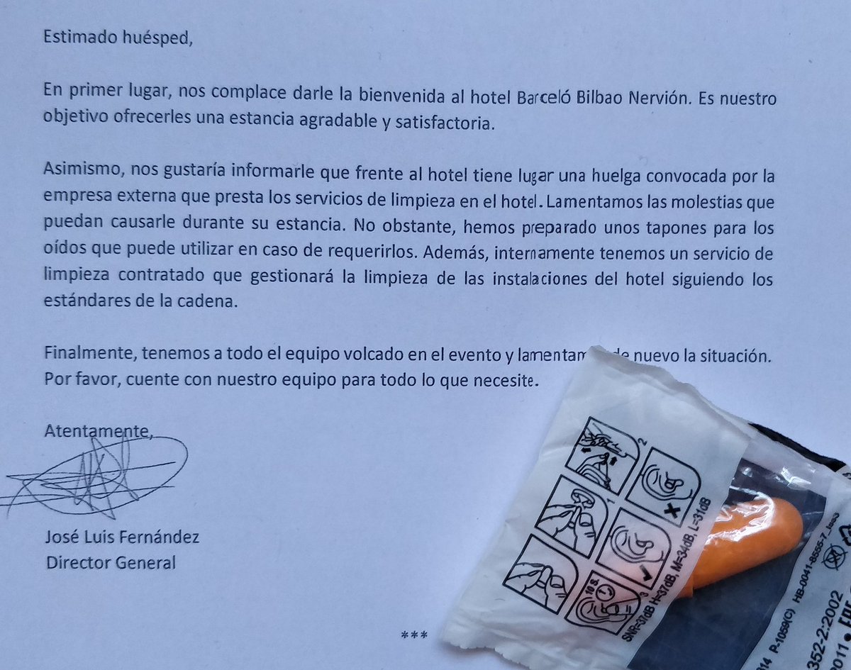 Estoy en Bilbao. Me alojo en el Hotel Barceló Nervión y me he encontrado esta carta de la dirección