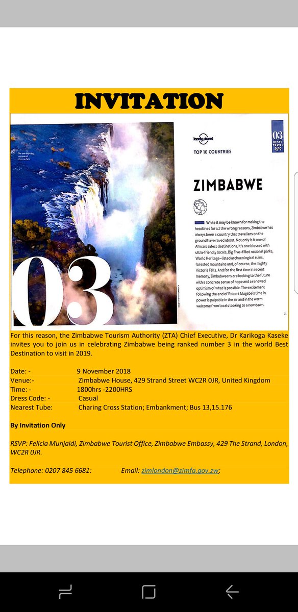 Had a great time last night at Zimbabwe House London, celebrating our outstanding achievements in Tourism. Zim is now 3rd best destination to travel to in 2019 in the world. According to Lonely Planet Mag.Well done #ZTA #ZW @ZtaUpdates @karikogakaseke @nickmangwana @edmnangagwa