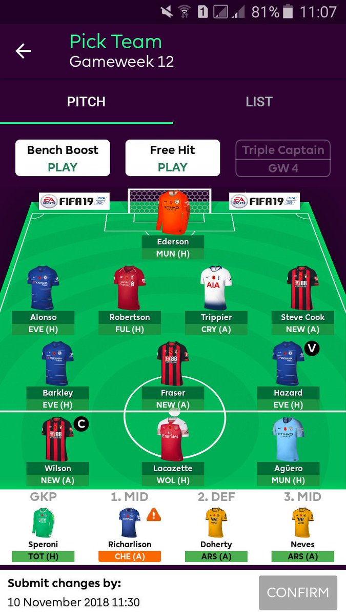 MyBasedReality's tweet photo. I may be a Newcastle fan but I fancy Bournemouth could run riot today. So based on that I've made Wilson my captain, it's go time, let's have it! #FPL #wtfpl #Wilson #captainWilson #GW12 https://t.co/GzQegKvq1M