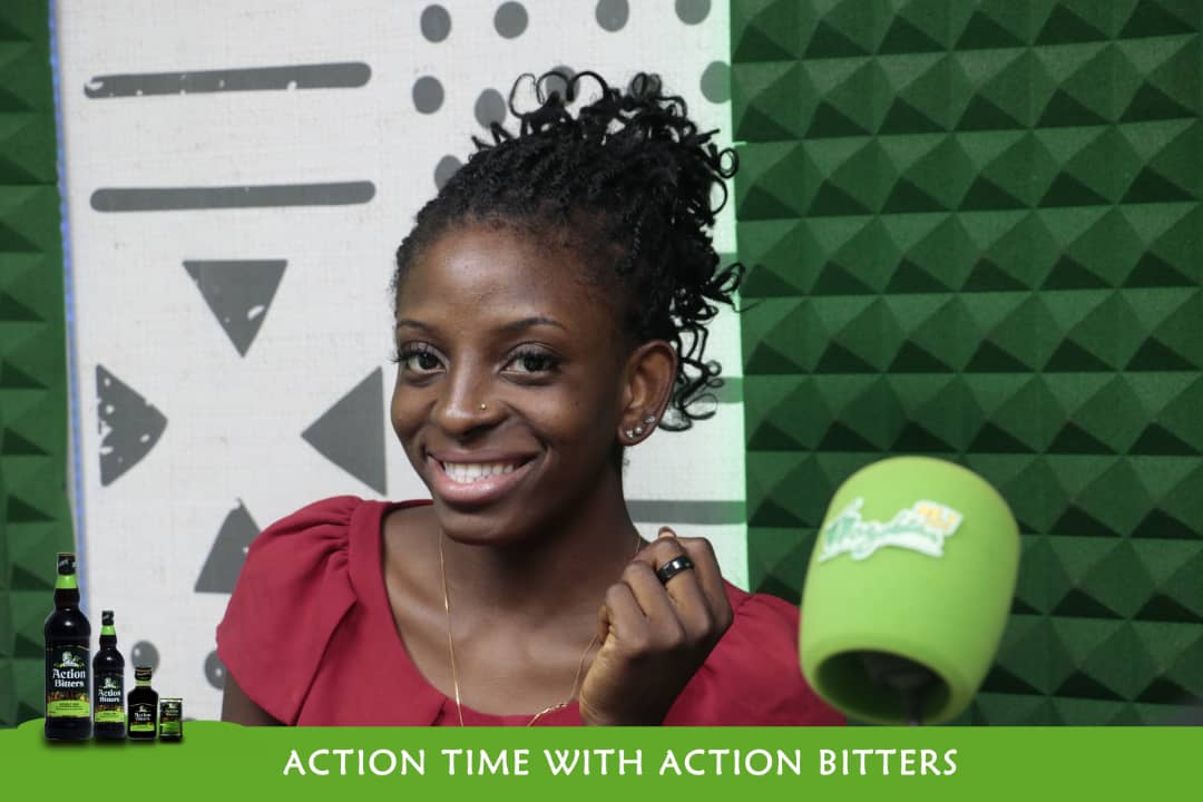 ActionBitters's tweet photo. One of our #Actionbabes of the week @love.nebo had an awesome time in the studio @Wazobia_FM. She will be going on an all-expense paid date with Moses. Stay tuned for more updates and don't forget to sip on some #ActionBitters this weekend.Β π https://t.co/pr3OWNEPyk
