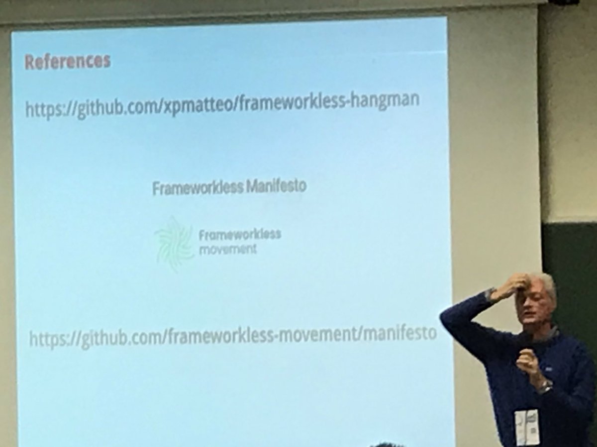 lorenzomassacci's tweet image. Thanks @xpmatteo to spread the word of the #frameworkless manifesto github.com/frameworkless-… #IAD18