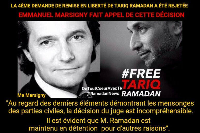 RamadanNews's tweet photo. “Au regard des derniers éléments démontrant les mensonges des parties civiles, la décision du juge est incompréhensible.
Il est évident que M. Ramadan est maintenu en détention pour d'autres raisons".
Me Marsigny

#FreeTariqRamadan #TariqRamadan #PrisonnierPolitique #Suisse #GE https://t.co/SCogdFXRbc