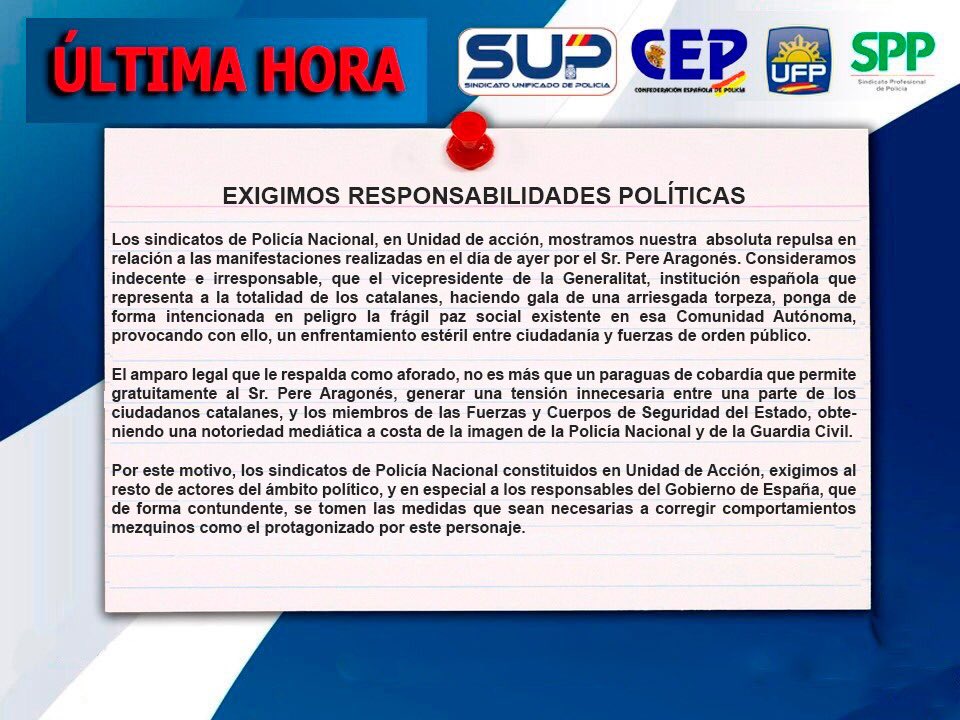 Sindicatos policiales exigen responsabilidades politicas al Sr. Pere Aragonés por manifestaciones irresponsbles e indecentes. DrpIen-WoAEfmot