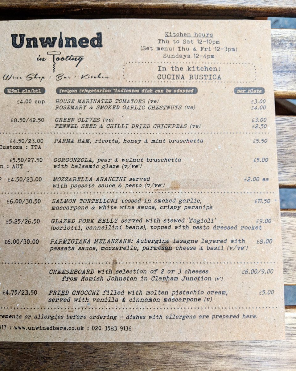 The menu for <a href="/rustica_london/">K</a> 's new residency at <a href="/UnwinedSW17/">Unwined in Tooting</a> in #Tooting - Classic Italian, serving Thurs-Sun til Christmas - and paired with the bar's excellent wines