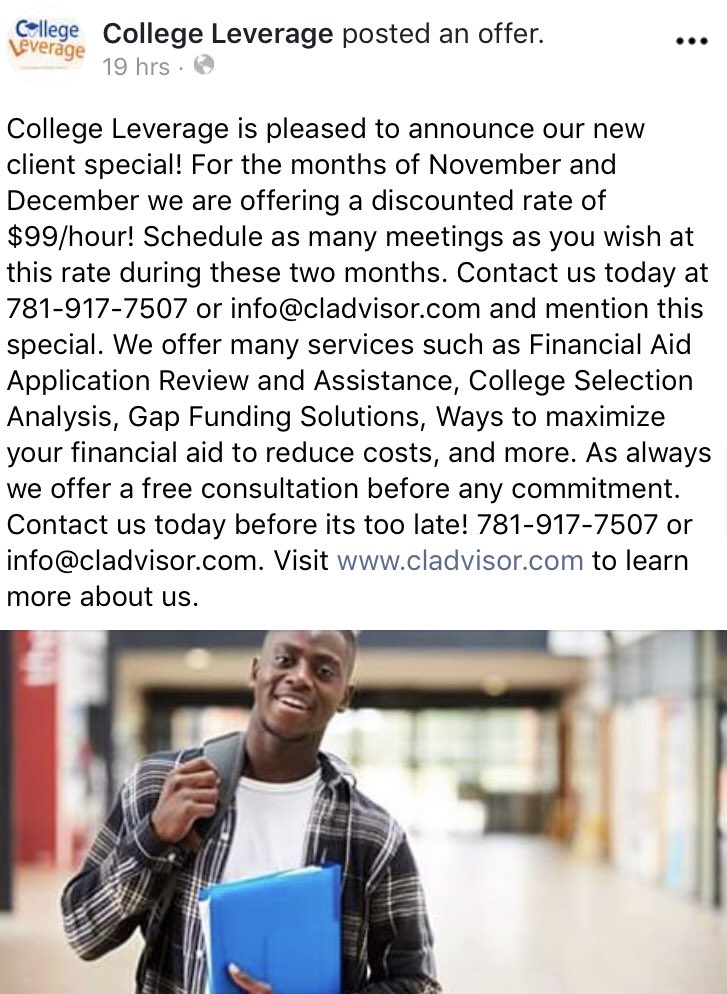 CollegeLeverage's tweet photo. For a limited time we are offering a new client special. Take advantage of this limited time offer! #fafsa #collegecost #financialaid #savemoney https://t.co/pcF59a06z0