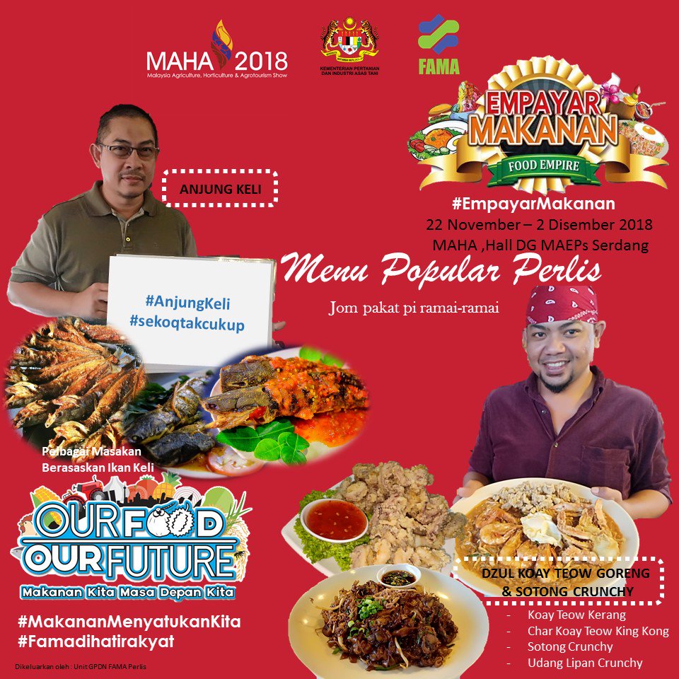 FAMAperlis's tweet photo. usawan perlis di #EmpayarMakanan #MAHA2018 #MakananMenyatukanKita #501menupopular #famadihatirakyat #famaperlis
22 November-2 Disember 2018
10.00 pagi - 10.00 malam
JOm pakat pi ramai2 https://t.co/0tJyhceQeB